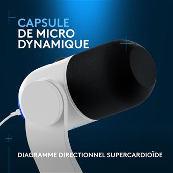 Microphone gaming Logitech G Yeti GX RVB dynamique avec Lightsync pour PC et Mac Blanc
