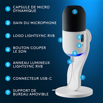 Microphone gaming Logitech G Yeti GX RVB dynamique avec Lightsync pour PC et Mac Blanc