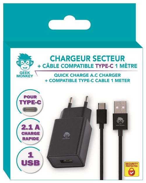 Netoplader + USB Type C kabel Geek Monkeys Zwart