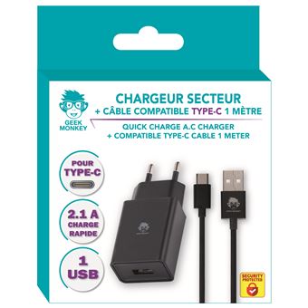 Chargeur secteur + Câble USB Type C Geek Monkeys Noir