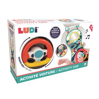 Ludi - Activité Voiture - Panneau D'Activité - Volant Sonore Et Lumineux - Pour Occuper Bébé En Voiture - Dès 18 Mois - Sangles Réglables - 2 Anneaux D Attache S Accroche Partout 21 X 43 X 10 Cm
