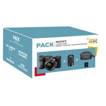 Pack Fnac Hybride Sony A6000 Boîtier Nu Noir + Objectifs 16-50 mm + 55-210 mm Stabilisé + Fourre-tout + Carte mémoire SD 16 Go