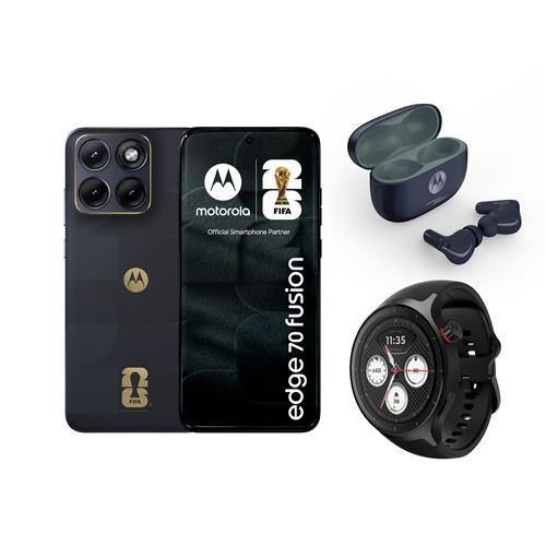 Pack Smartphone Motorola Edge 70 Fusion 6.78 5G Double SIM 256 Go Fifa Edition Noir + Ecouteurs sans fil Motorola Moto Buds 2 Plus + Montre connectée Motorola Moto Watch Noir