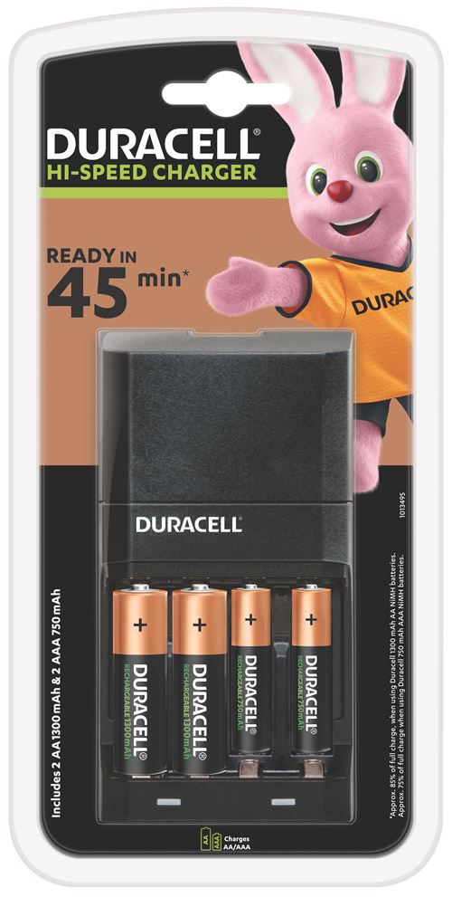 Chargeur de piles Duracell CEF27 Noir + 2 piles AA 1300 mAh et 2 piles AAA 750 mAh