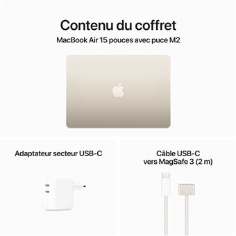 Apple MacBook Air 15.3'' 512 Go SSD 8 Go RAM Puce M2 CPU 8 coeurs GPU 10 coeurs Lumière stellaire Nouveau