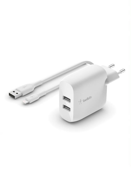 Chargeur secteur Belkin 2 ports USB-A avec câble Lightning 24 W Blanc