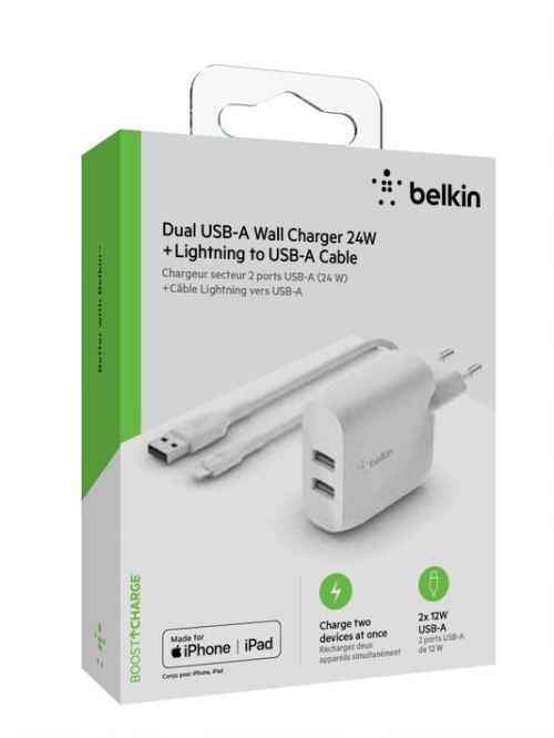Chargeur secteur Belkin 2 ports USB-A avec câble Lightning 24 W Blanc