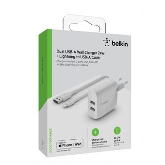 Chargeur secteur Belkin 2 ports USB-A avec câble Lightning 24 W Blanc -  Connectique et chargeurs pour tablette - Achat & prix