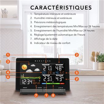 Station météo sans fil intérieur extérieur, thermomètre météo avec horloge  atomique, grand écran de température et d'humidité avec alerte, blanc