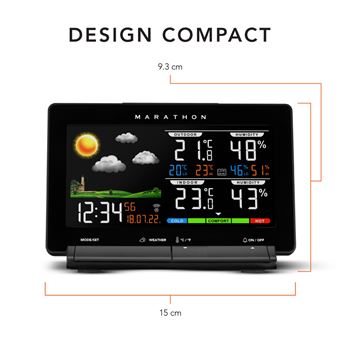 Marathon Station meteo Lisbon avec ecran couleur et sonde thermo-hygro. Gestion automatique (radio pilotee) de l''heure et du calendrier