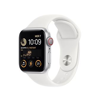 Apple Watch SE GPS + Cellular 2ème génération, boîtier Aluminium Argent 40mm avec Bracelet Sport Blanc