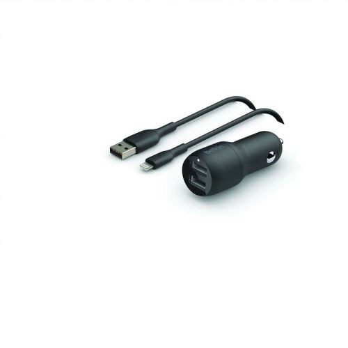 Chargeur voiture Belkin 2 ports USB-A avec câble Lightning 24 W Noir