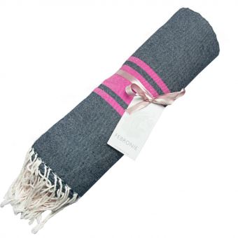 Fouta Febronie Traditionnelle Unie St Tropez Bleu jean et Rose Fuschia