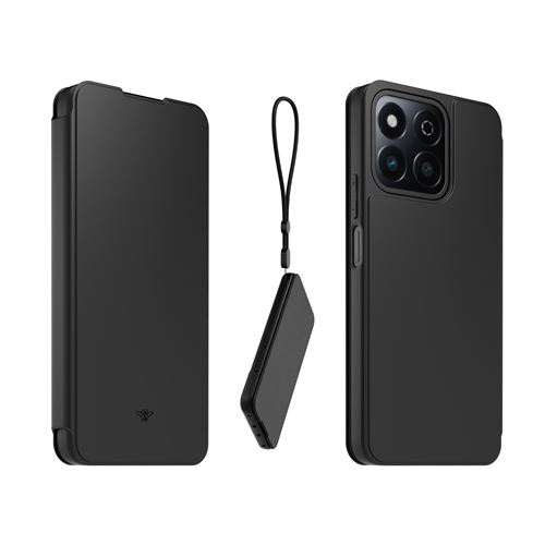 Coque Casr avec rabat finition gomme et porte-carte + dragonne amovible pour Honor 200 Smart Noir