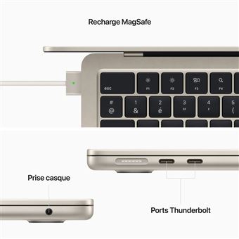 Apple MacBook Air 13'' 256 Go SSD 8 Go RAM Puce M2 CPU 8 cœurs GPU 8 cœurs Lumière Stellaire Nouveau