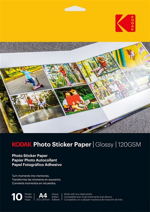 Pack de 10 feuilles de papier photo autocollant Kodak A4