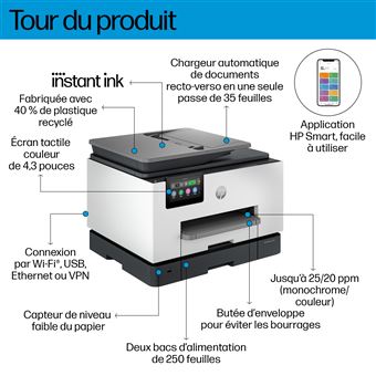 HP Officejet Pro 9135e All-in-One - Imprimante multifonctions - couleur - jet d'encre - Legal (216 x 356 mm) (original) - A4/Legal (support) - jusqu'à 23 ppm (copie) - jusqu'à 25 ppm (impression) - 250 feuilles - 33.6 Kbits/s - USB 2.0, LAN, hôte USB 2