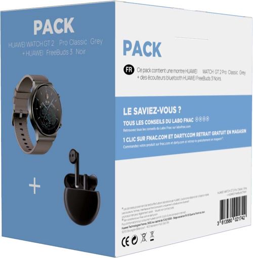 Pack Montre connect e Huawei Watch GT2 Pro Classique Gris Ecouteurs sans fil True Wireless Huawei Freebuds 3 Noir