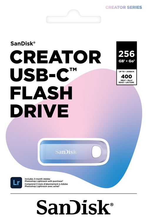SanDisk Creator USB-C Flash Drive 256 GB (voor computers, tablets en smartphones, USB Type-C, tot 400 MB/s, automatische back-up, 3 maanden Adobe Lightroom inbegrepen