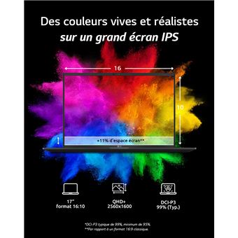 PC portable LG gram 17Z90R-AD78F i7/32/1 17" Intel Core i7-1360P 32 Go RAM 1024 Go SSD Noir