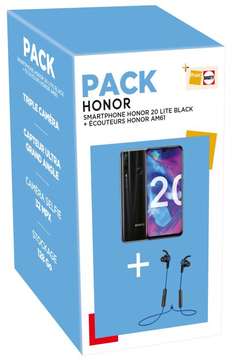 Pack Fnac Smartphone Honor 20 Lite Double SIM 128 Go Noir + Ecouteurs Bluetooth Honor AM61 Bleu