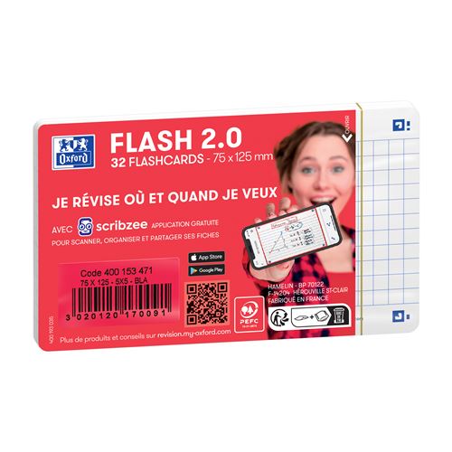 Bloc De 32 Fiches Bristol Oxford Flash 2.0 75 X 125 Mm Q5 Blanc