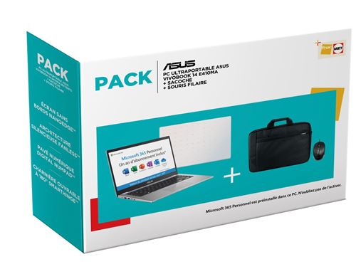 Pack PC Ultra-Portable Asus VivoBook E410MA-BV1169TS 14" Intel Celeron 4 Go RAM 64 Go eMMC Blanc + Sacoche + Souris filaire