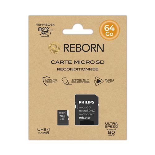 Carte mémoire Micro SD 64 Go Class 10 UHS-I U1 Reconditionnée Reborn + Adaptateur