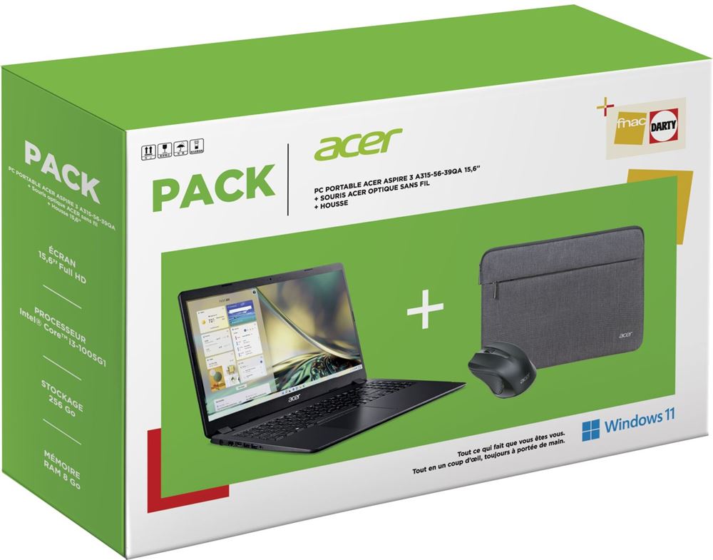 91€ sur Pack PC Portable Acer Aspire 3 A315-56-39QA 15,6 Intel