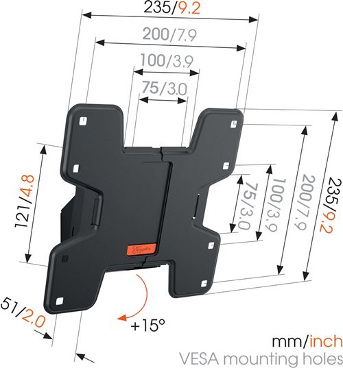 Support TV Mural Vogel's WALL 3145 - Pivotant 180°, Inclinable - Pour Écrans 19-43 Pouces, Max 15kg - Noir - Installation Facile