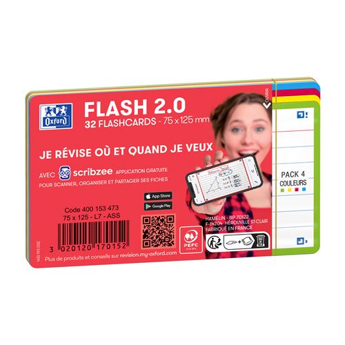 Oxford Multicolore Etui De 32 Fiches Bristol Lignées Non Perforées Flash 2.0 75 X 125 Cm Modèle Aléatoire