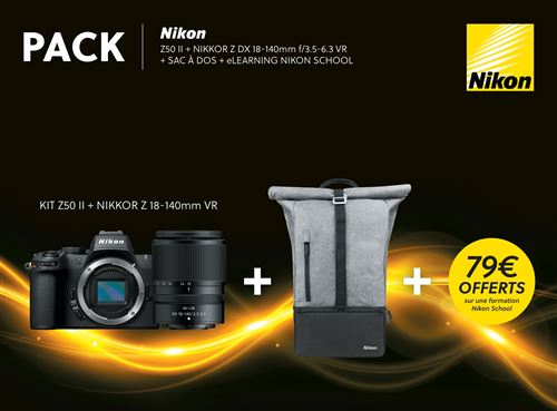 Pack Exclusif Fnac Appareil photo hybride Nikon Z50 II Noir + Nikkor Z DX 18-140 mm f/3.5-6.3 VR + sac à dos + 2H cours à distance Nikon School