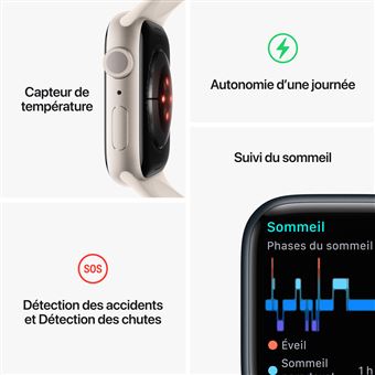 Apple Watch Series 8 GPS, boîtier Aluminium Argent 41mm avec Bracelet Sport Blanc