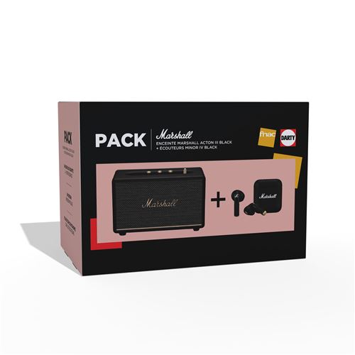 Pack Enceinte sans fil Bluetooth Multipoint Marshall Acton III Noir + Ecouteurs sans fil True Wireless Minor IV Noir