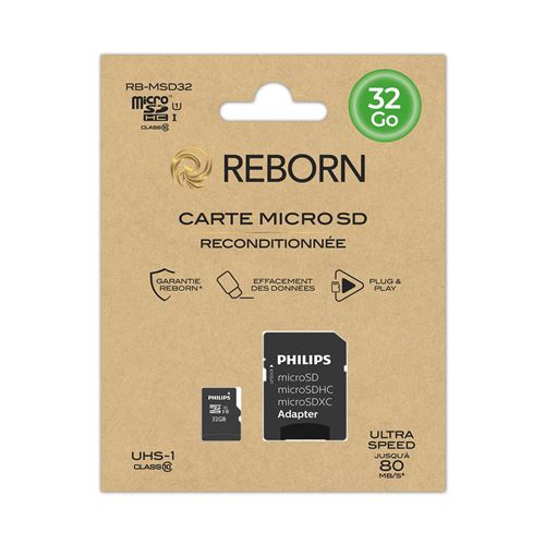 Carte mémoire Micro SD 32 Go Class 10 UHS-I U1 Reconditionnée Reborn + Adaptateur