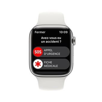 Apple Watch Series 8 GPS + Cellular, boîtier Acier inoxydable argent 45mm avec Bracelet Blanc