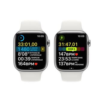 Apple Watch Series 8 GPS + Cellular, boîtier Acier inoxydable argent 45mm avec Bracelet Blanc