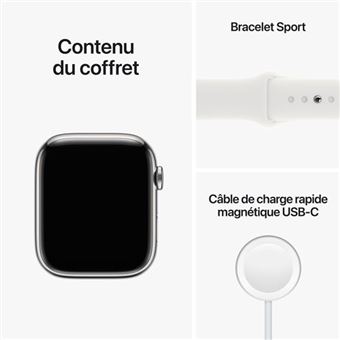 Apple Watch Series 8 GPS + Cellular, boîtier Acier inoxydable argent 45mm avec Bracelet Blanc