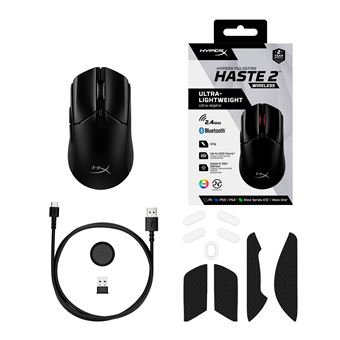 HyperX Pulsefire Haste 2 - Souris - optique - 6 boutons - sans fil, filaire - 2.4 GHz, Bluetooth 5.0 - récepteur sans fil USB - noir