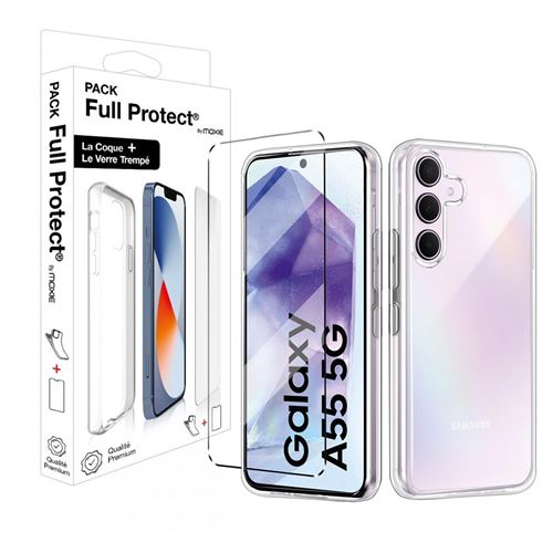 Pack protection complète écran en verre trempé Moxie + coque pour Samsung Galaxy A55 Transparent