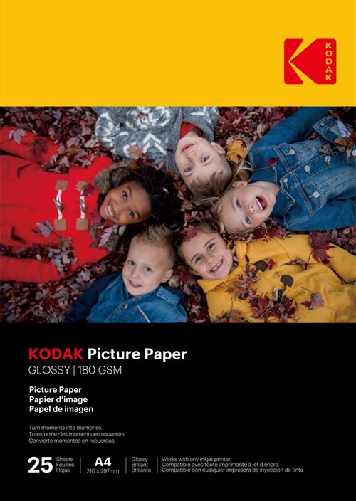 Pack 25 feuilles de papier photo brillante Kodak pour imprimante à jet d’encre