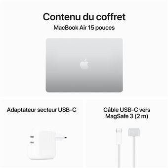 Apple MacBook Air 15,3'' 512Go SSD 16Go RAM Puce M3 CPU 8 cours GPU 10 cours Argent Nouveau