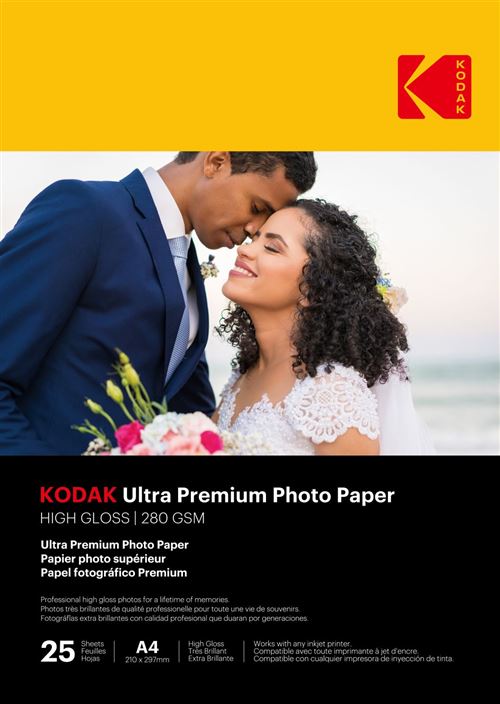 Pack 25 feuilles de papier photo très brillante Kodak pour imprimante à jet d’encre