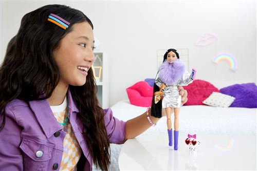 Barbie EXTRA N°6 Tenue Jean Rose Coeur Fourrure Cheveux Violet - Neuve GXF08