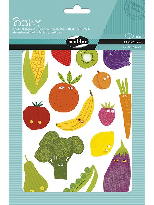 Set de 6 planches A5 &agrave; gommettes Maildor Baby Fruits et L&eacute;gumes