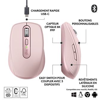 Logitech MX Anywhere 3S - Souris - optique - 6 boutons - sans fil - Bluetooth - récepteur USB Logitech Logi Bolt - rose