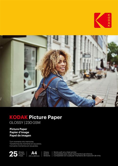 Pack 25 feuilles de papier photo brillante Kodak pour imprimante à jet d’encre