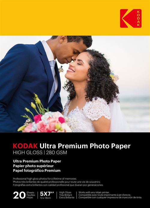 Pack 20 feuilles de papier photo très brillante Kodak pour imprimante à jet d’encre