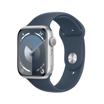 Apple Watch Series 9 GPS 45 mm, boîtier en aluminium argenté avec bracelet sport Bleu tempête M/L