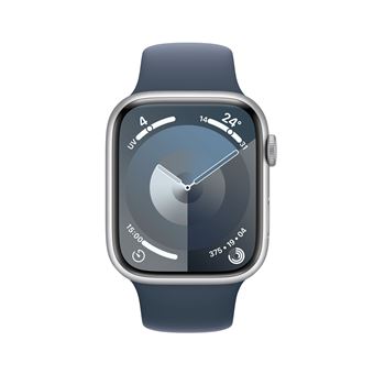 Apple Watch Series 9 GPS 45 mm, boîtier en aluminium argenté avec bracelet sport Bleu tempête M/L